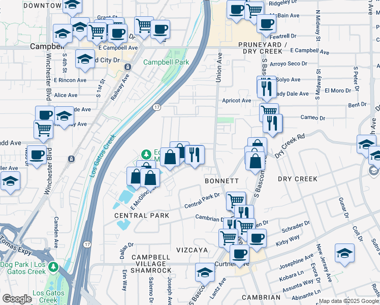 map of restaurants, bars, coffee shops, grocery stores, and more near 715 East McGlincy Lane in Campbell