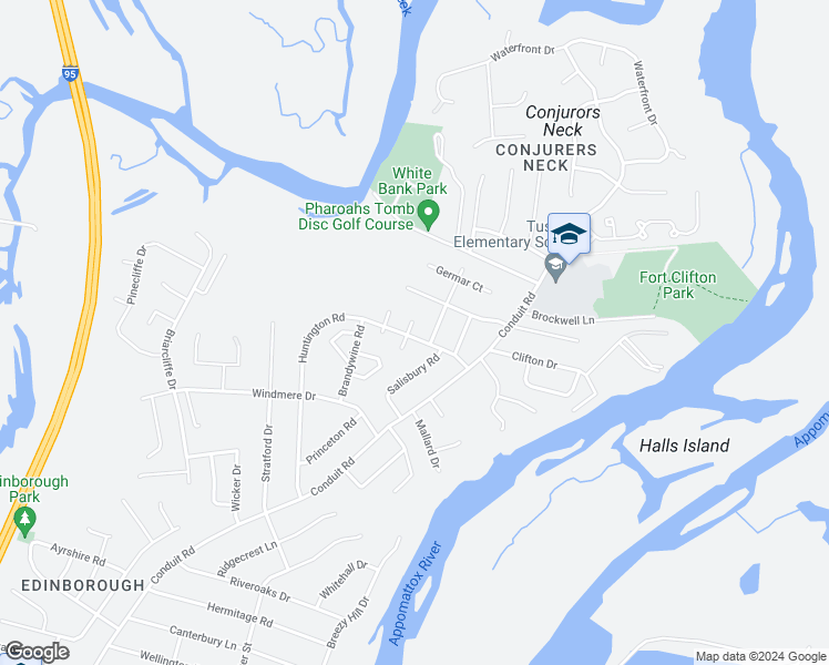 map of restaurants, bars, coffee shops, grocery stores, and more near 5100 Salem Court in Colonial Heights