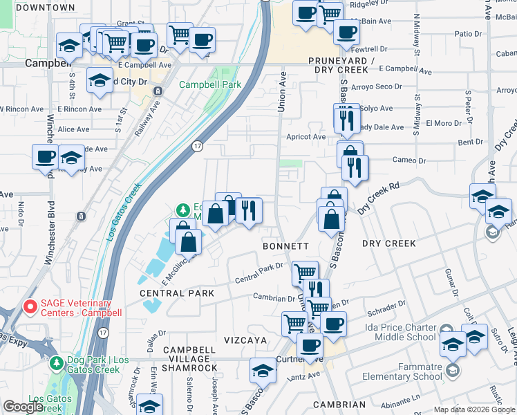 map of restaurants, bars, coffee shops, grocery stores, and more near 740 West Valley Drive in Campbell