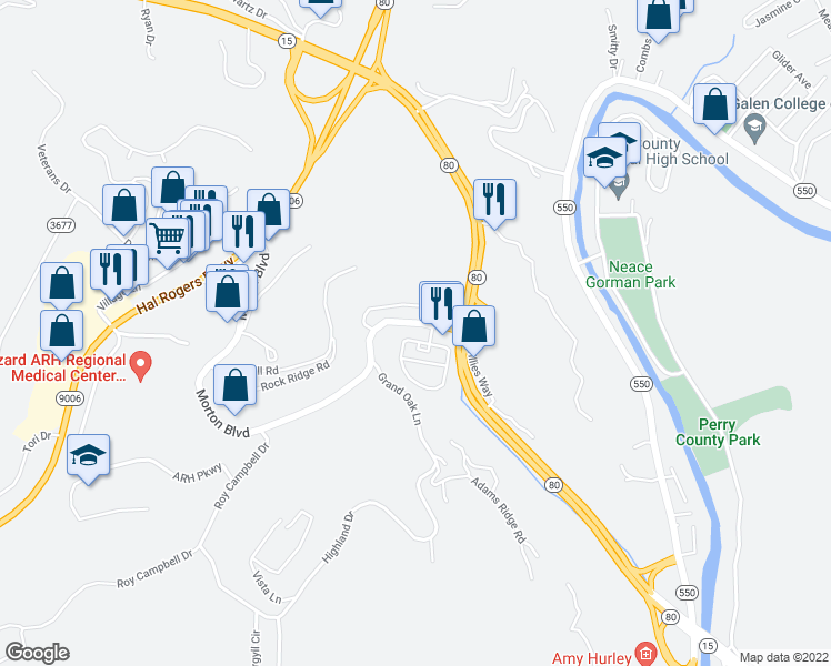 map of restaurants, bars, coffee shops, grocery stores, and more near 70 Morton Boulevard in Hazard