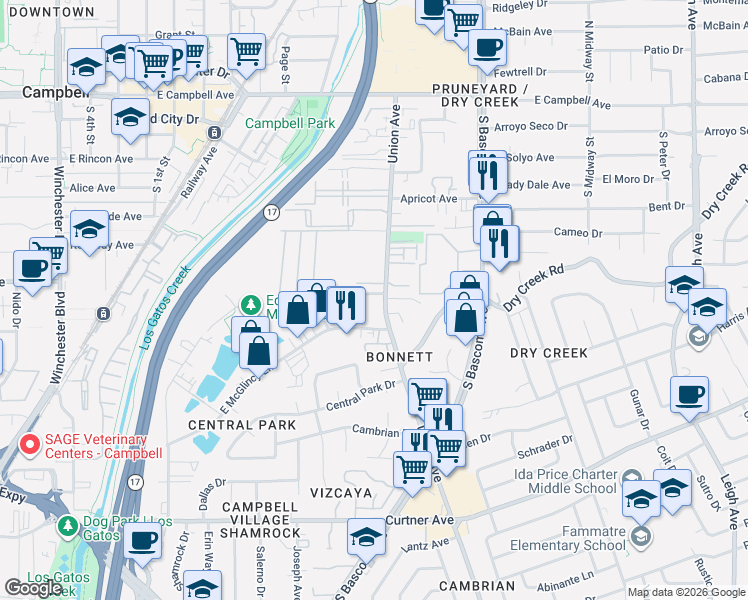 map of restaurants, bars, coffee shops, grocery stores, and more near 770 West Valley Drive in Campbell