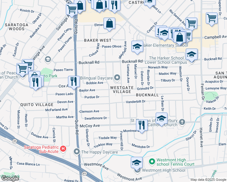 map of restaurants, bars, coffee shops, grocery stores, and more near 2355 Grimsby Court in San Jose