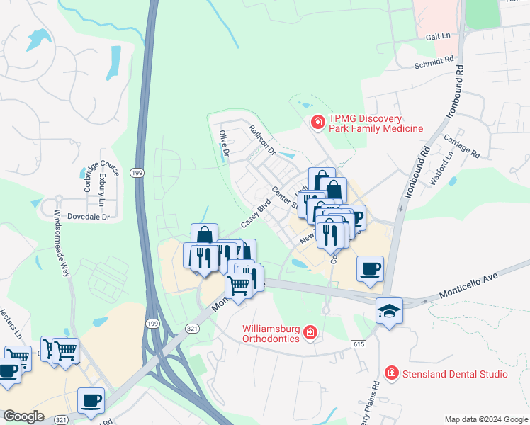 map of restaurants, bars, coffee shops, grocery stores, and more near 4335 Casey Boulevard in Williamsburg