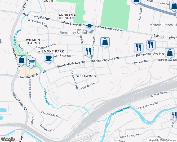 map of restaurants, bars, coffee shops, grocery stores, and more near 3542 Signal Hill Avenue Northwest in Roanoke