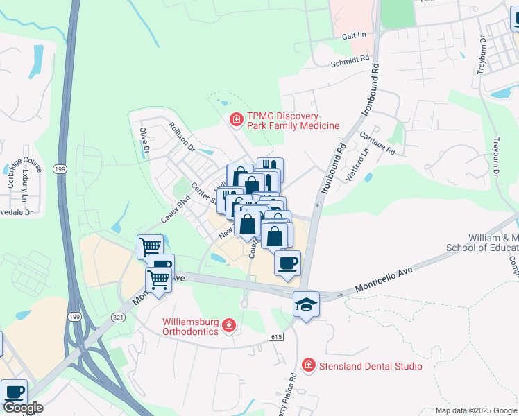map of restaurants, bars, coffee shops, grocery stores, and more near 4315 New Town Avenue in Williamsburg