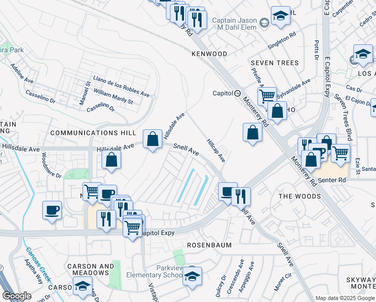 map of restaurants, bars, coffee shops, grocery stores, and more near 3627 Snell Avenue in San Jose