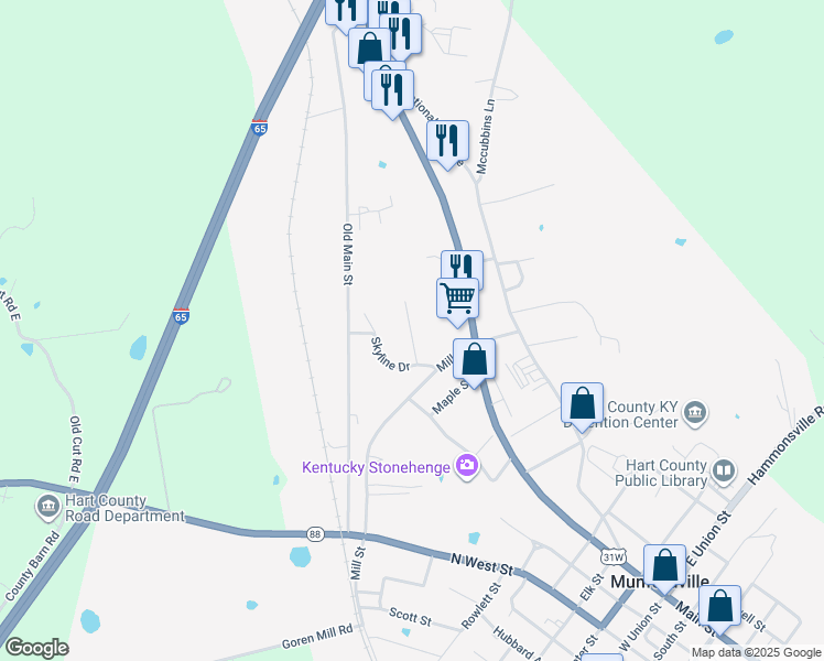 map of restaurants, bars, coffee shops, grocery stores, and more near 100-160 Hunting Trail in Munfordville