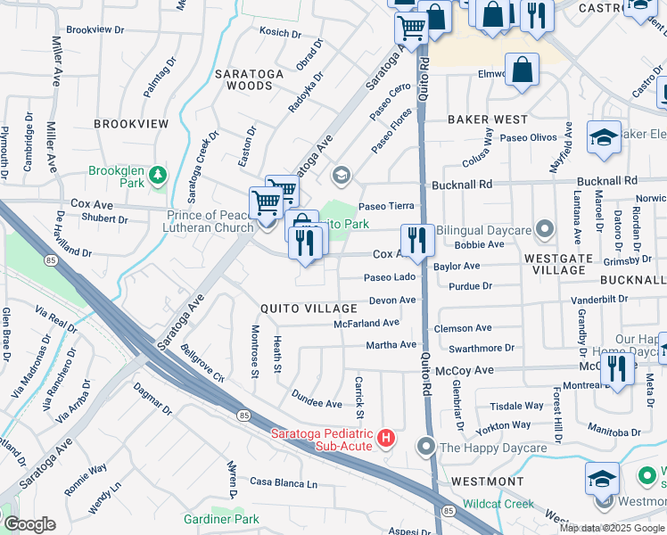 map of restaurants, bars, coffee shops, grocery stores, and more near 10145 Elder Place in Saratoga