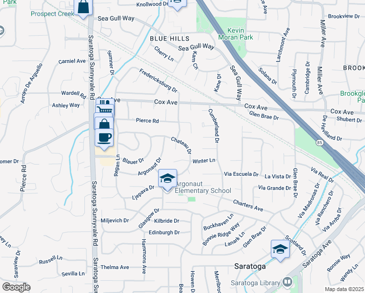 map of restaurants, bars, coffee shops, grocery stores, and more near 12905 Woodmont Drive in Saratoga