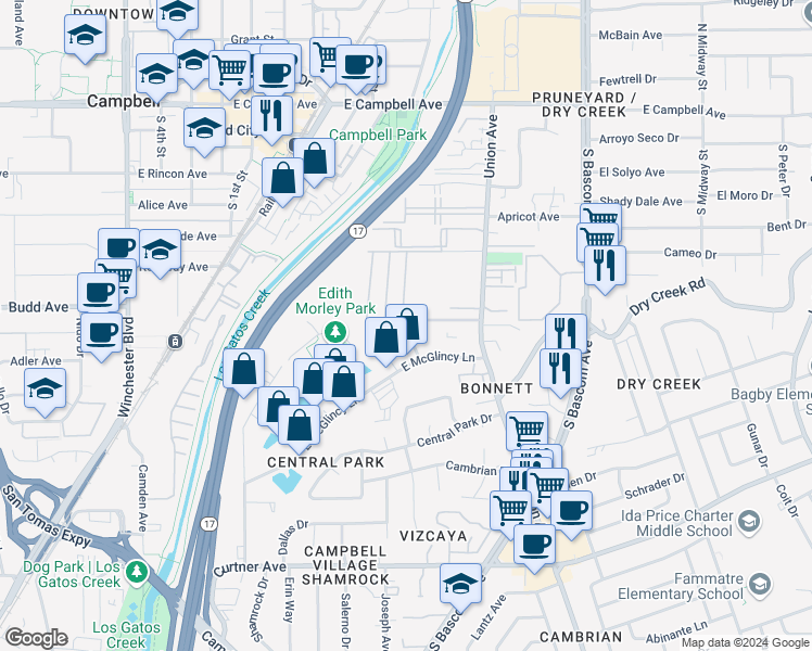 map of restaurants, bars, coffee shops, grocery stores, and more near La Paloma in Campbell
