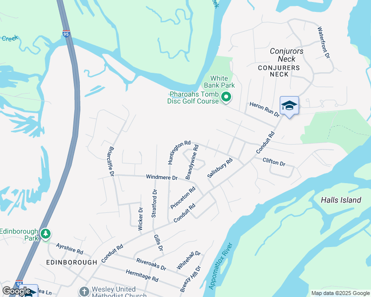 map of restaurants, bars, coffee shops, grocery stores, and more near 21 Brandywine Court in Colonial Heights