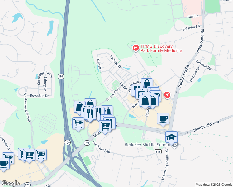 map of restaurants, bars, coffee shops, grocery stores, and more near 4643 Town Creek Drive in Williamsburg