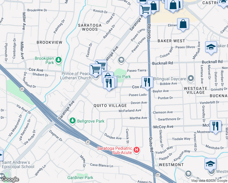 map of restaurants, bars, coffee shops, grocery stores, and more near 11240 Cottonwood Place in Saratoga