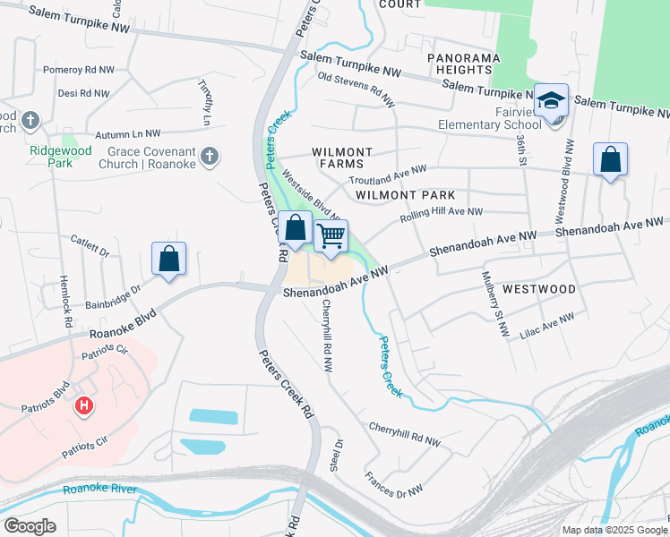 map of restaurants, bars, coffee shops, grocery stores, and more near 629 Peters Creek Road Northwest in Roanoke