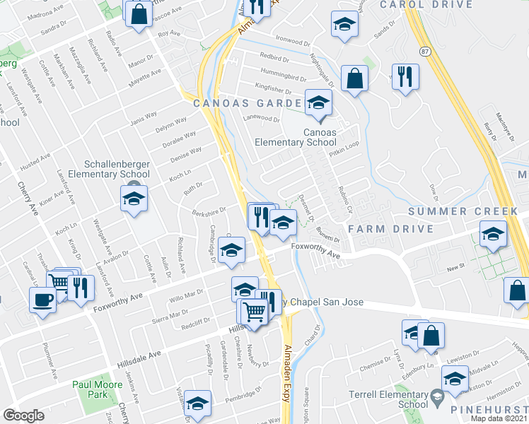 map of restaurants, bars, coffee shops, grocery stores, and more near 2905 Old Almaden Road in San Jose