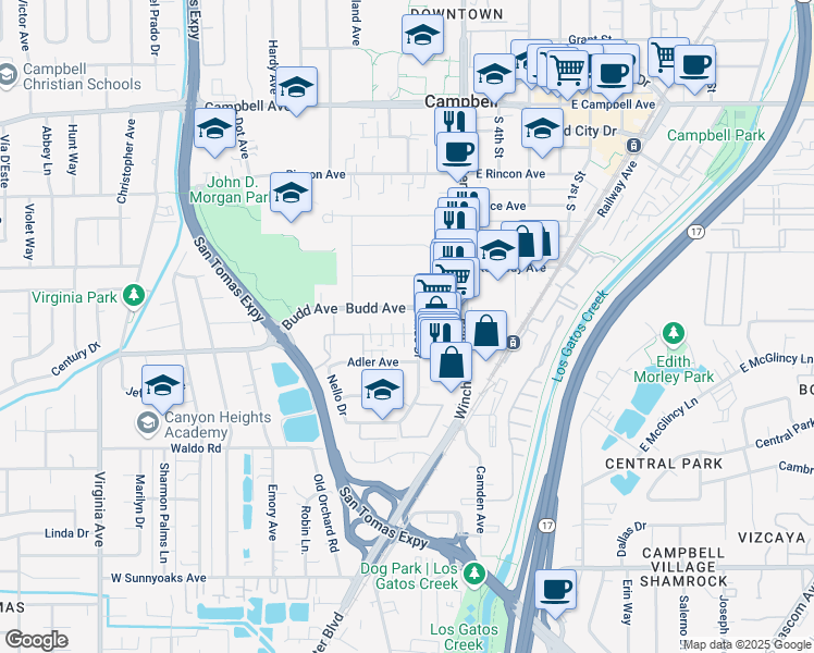 map of restaurants, bars, coffee shops, grocery stores, and more near 118 Wilton Drive in Campbell