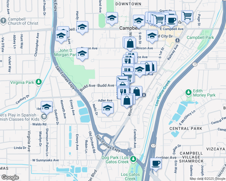 map of restaurants, bars, coffee shops, grocery stores, and more near 174 Wilton Drive in Campbell