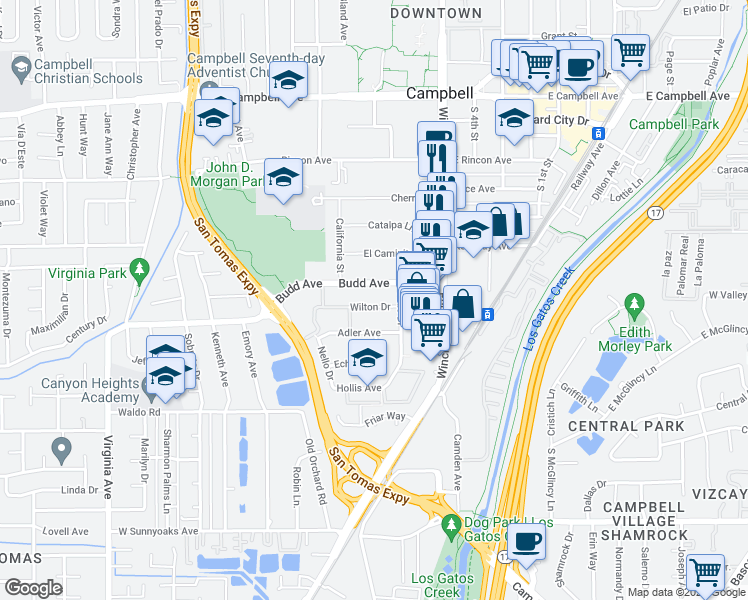 map of restaurants, bars, coffee shops, grocery stores, and more near 174 Wilton Drive in Campbell