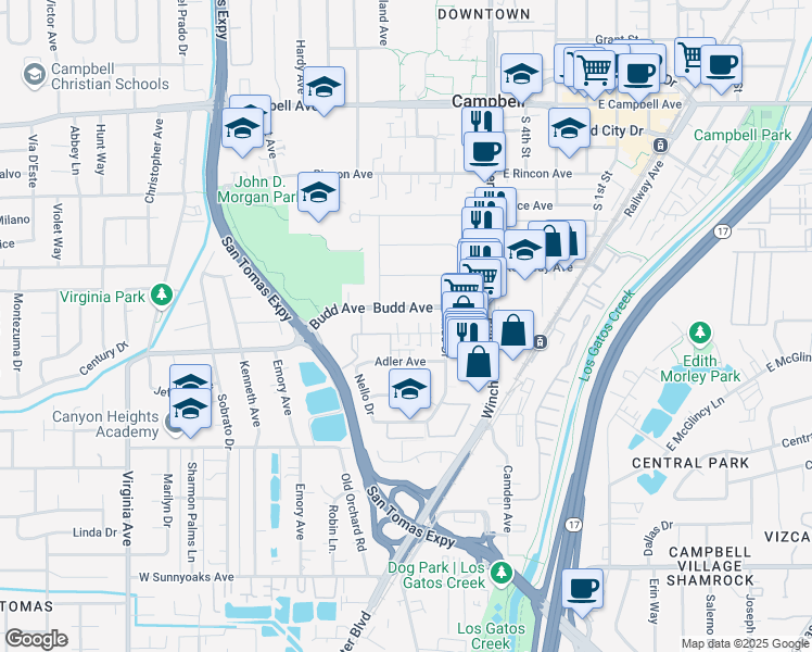 map of restaurants, bars, coffee shops, grocery stores, and more near 174 Wilton Drive in Campbell