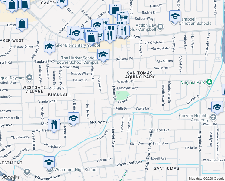 map of restaurants, bars, coffee shops, grocery stores, and more near 2384 South San Tomas Aquino Road in Campbell