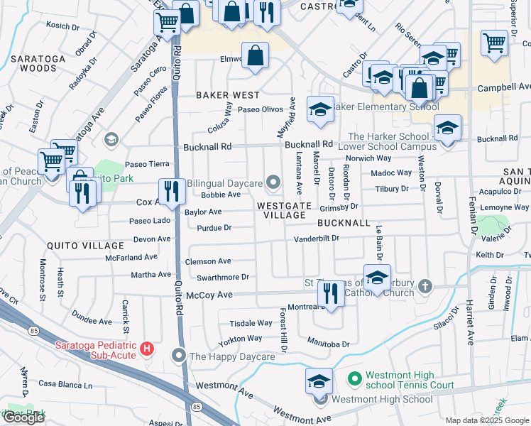 map of restaurants, bars, coffee shops, grocery stores, and more near 2355 Grimsby Court in San Jose