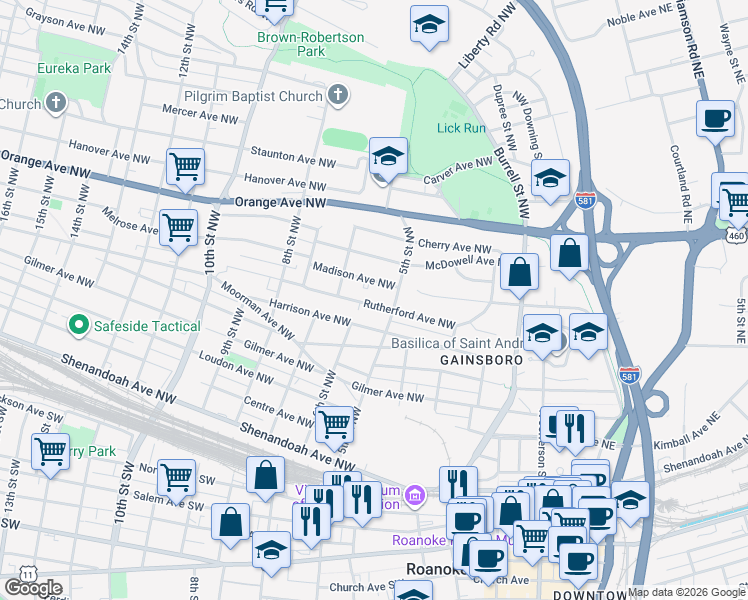 map of restaurants, bars, coffee shops, grocery stores, and more near 502 Rutherford Avenue Northwest in Roanoke