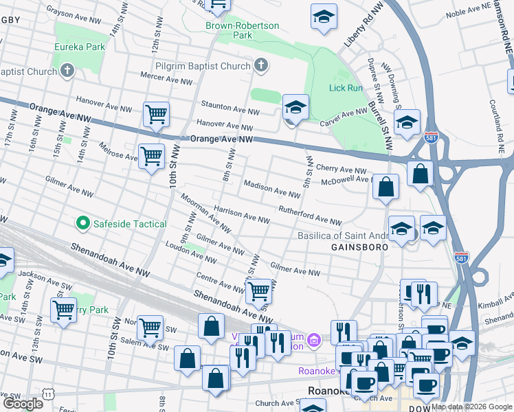 map of restaurants, bars, coffee shops, grocery stores, and more near 634 Harrison Avenue Northwest in Roanoke