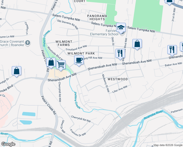 map of restaurants, bars, coffee shops, grocery stores, and more near 3743 Signal Hill Avenue Northwest in Roanoke