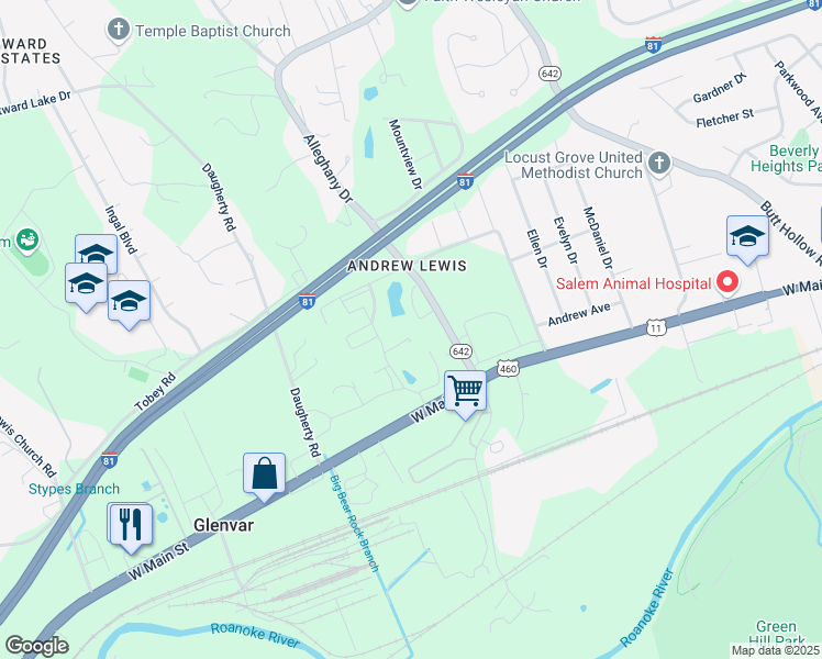 map of restaurants, bars, coffee shops, grocery stores, and more near 3719 Knollridge Road in Salem