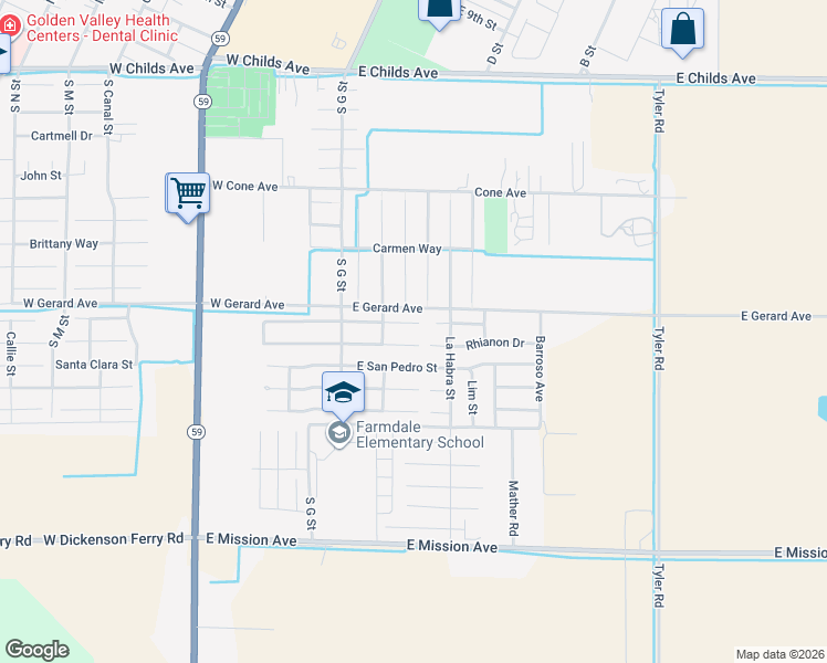 map of restaurants, bars, coffee shops, grocery stores, and more near 172 El Verano Court in Merced