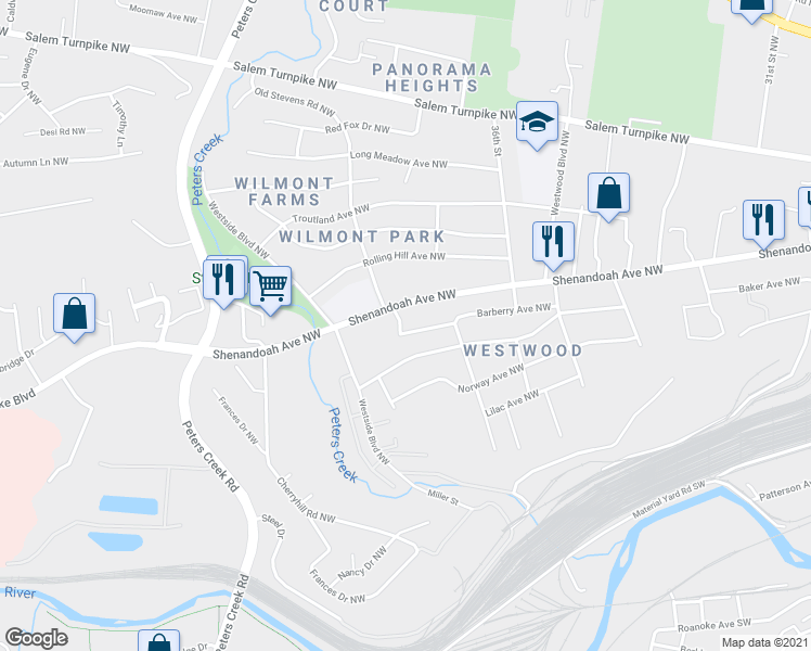 map of restaurants, bars, coffee shops, grocery stores, and more near 3743 Barberry Avenue Northwest in Roanoke