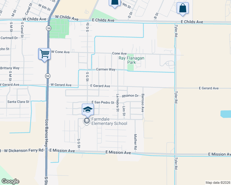 map of restaurants, bars, coffee shops, grocery stores, and more near 264 Rhianon Court in Merced