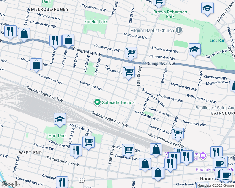 map of restaurants, bars, coffee shops, grocery stores, and more near 1121 Gilmer Avenue Northwest in Roanoke