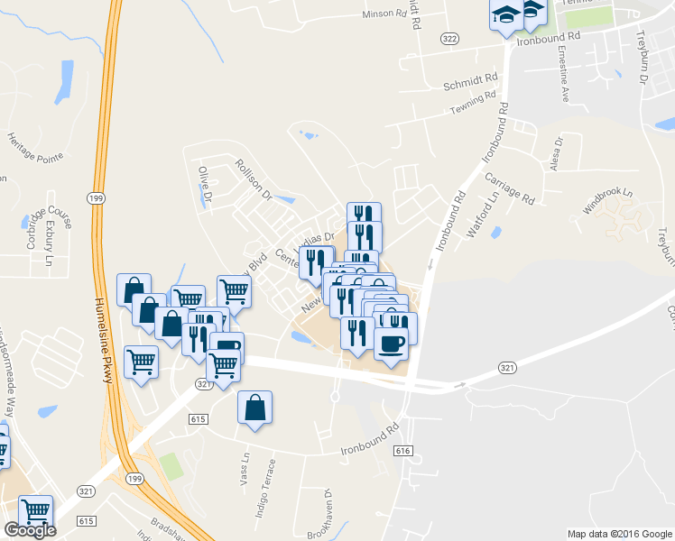 map of restaurants, bars, coffee shops, grocery stores, and more near 5212 Foundation Street in Williamsburg