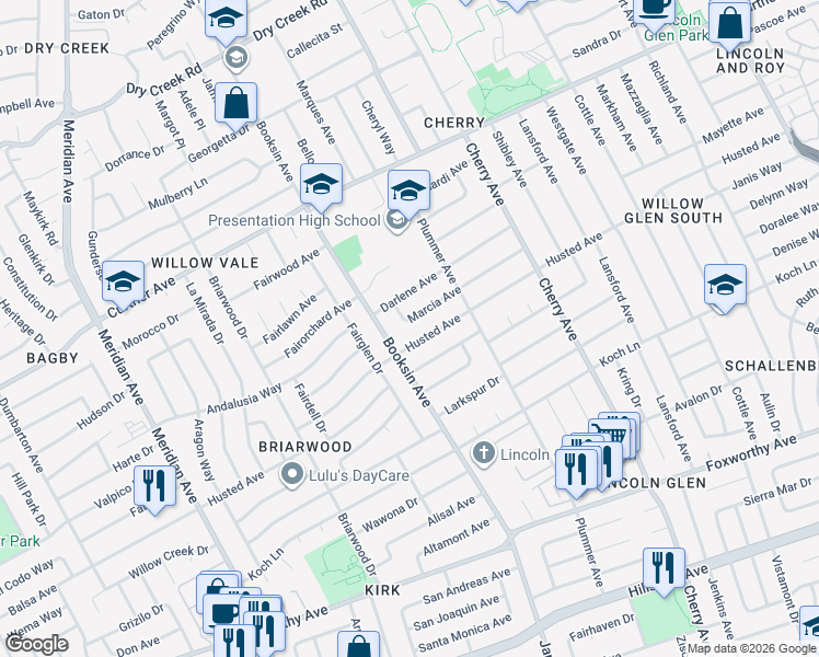 map of restaurants, bars, coffee shops, grocery stores, and more near 1576 Marcia Avenue in San Jose