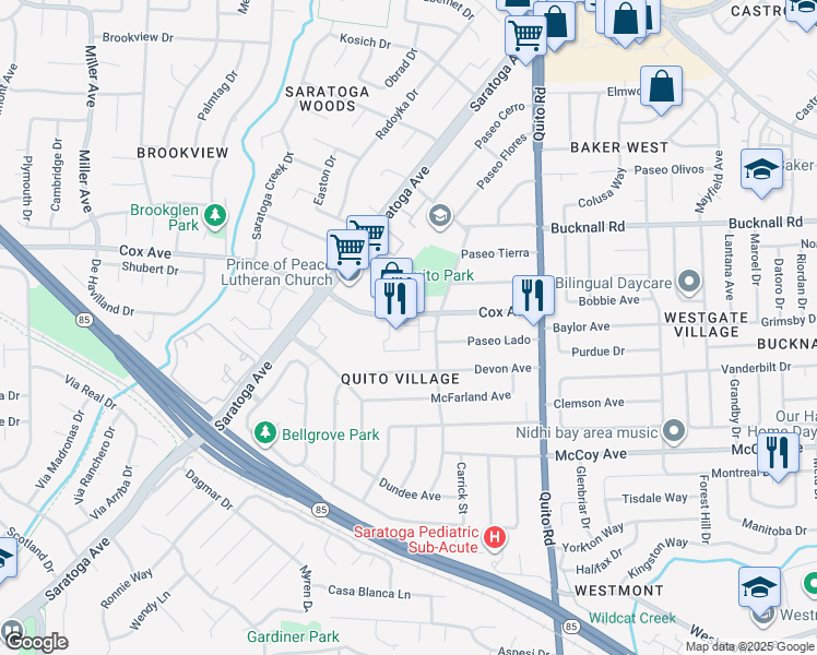 map of restaurants, bars, coffee shops, grocery stores, and more near 18764 Cox Avenue in Saratoga