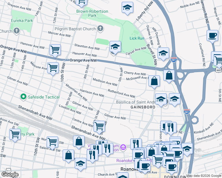 map of restaurants, bars, coffee shops, grocery stores, and more near 502 Rutherford Avenue Northwest in Roanoke
