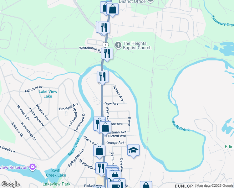 map of restaurants, bars, coffee shops, grocery stores, and more near 110 Birch Avenue in Colonial Heights