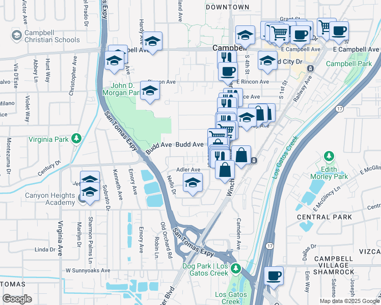 map of restaurants, bars, coffee shops, grocery stores, and more near 189 Wilton Drive in Campbell