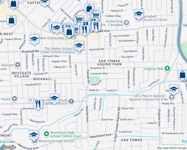 map of restaurants, bars, coffee shops, grocery stores, and more near 4160 Lemoyne Way in Campbell