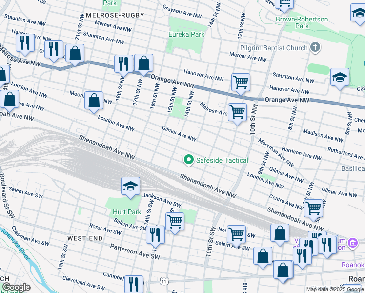 map of restaurants, bars, coffee shops, grocery stores, and more near 1323 Loudon Avenue Northwest in Roanoke