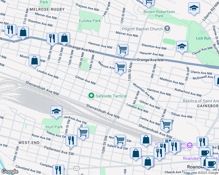 map of restaurants, bars, coffee shops, grocery stores, and more near 1123 Gilmer Avenue Northwest in Roanoke