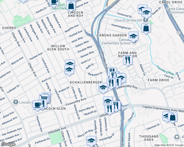 map of restaurants, bars, coffee shops, grocery stores, and more near 2794 Gardendale Drive in San Jose