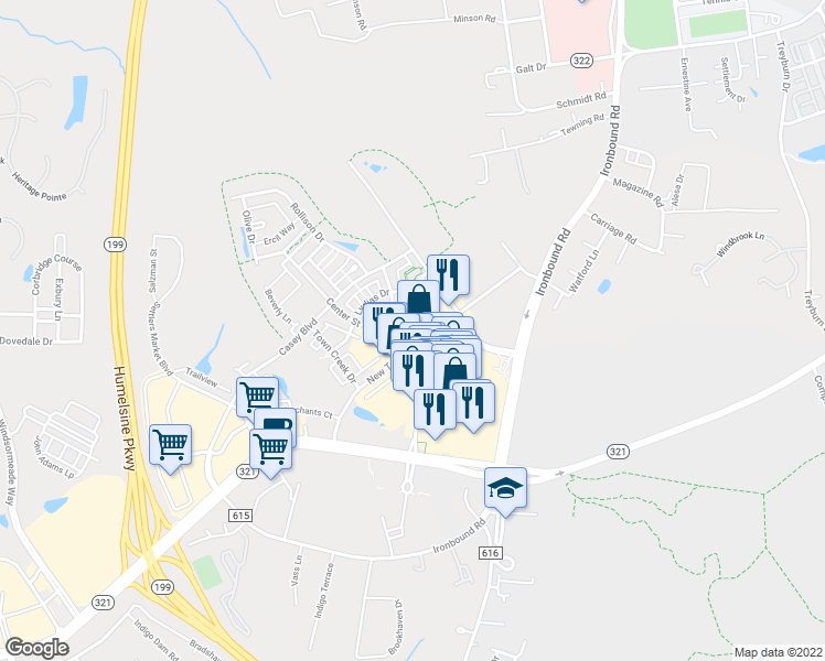 map of restaurants, bars, coffee shops, grocery stores, and more near 5402 Foundation Street in Williamsburg