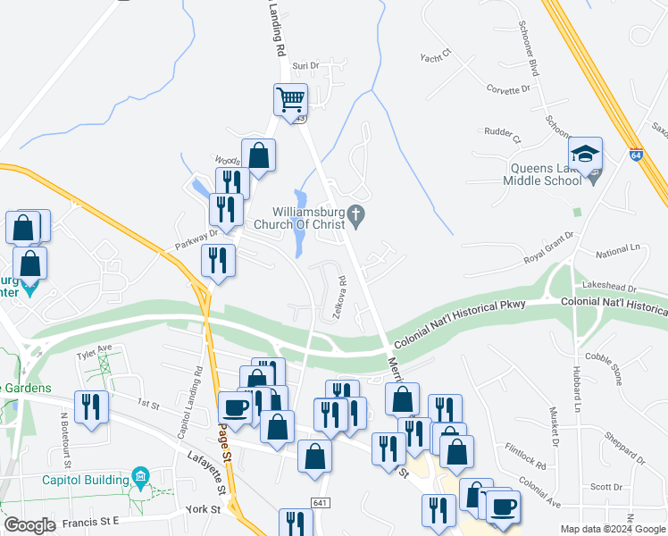 map of restaurants, bars, coffee shops, grocery stores, and more near 285 Zelkova Road in Williamsburg
