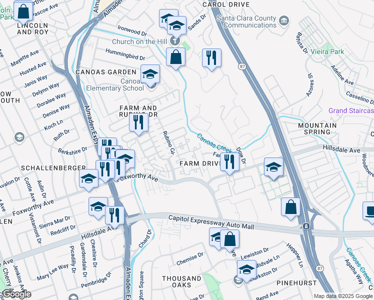 map of restaurants, bars, coffee shops, grocery stores, and more near 3110 Rubino Drive in San Jose