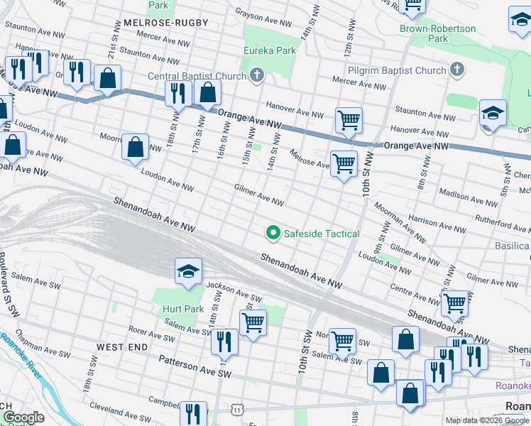 map of restaurants, bars, coffee shops, grocery stores, and more near 1240 Loudon Avenue Northwest in Roanoke
