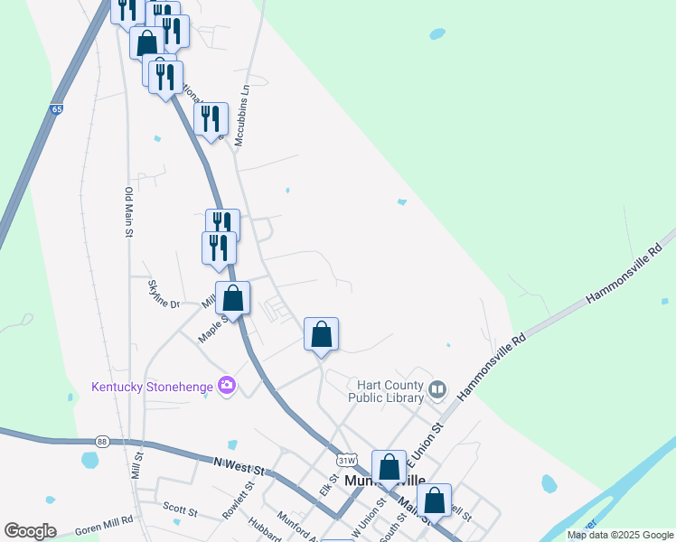 map of restaurants, bars, coffee shops, grocery stores, and more near 175 Woods Road in Munfordville