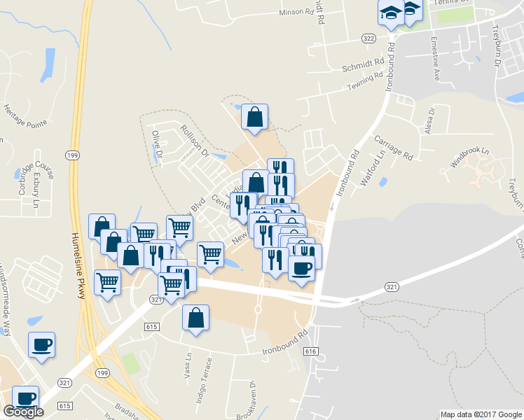 map of restaurants, bars, coffee shops, grocery stores, and more near 5402 Foundation Street in Williamsburg