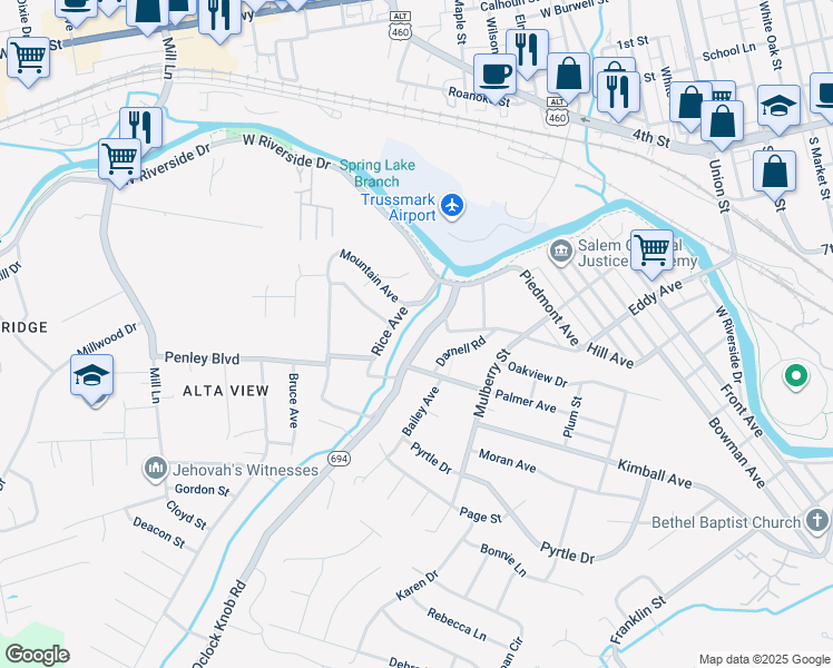 map of restaurants, bars, coffee shops, grocery stores, and more near 1955 12 Oclock Knob Road in Salem